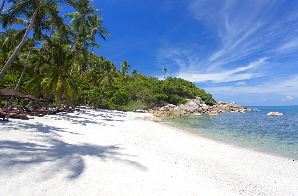 Private secluded beach fringed by palm trees at the Silavadee Pool Spa Resort near Lamai, Koh Samui, Thailand, Southeast Asia, Asia