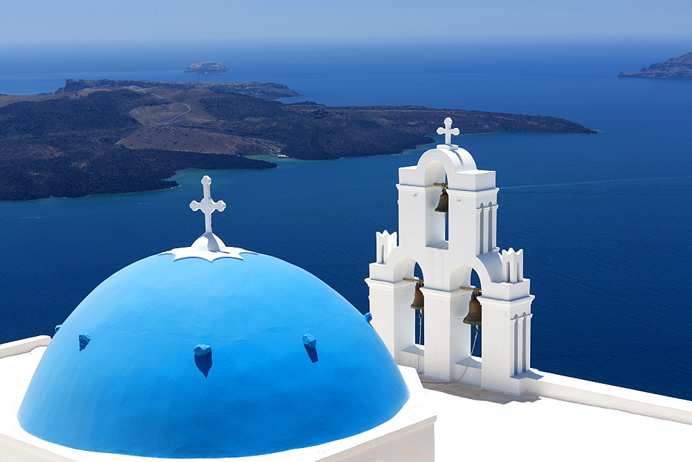 Blue dome and belltower of the church of St. Gerasimos, Firostefani, Fira, Santorini, Cyclades, Greek Islands, Greece, Europe