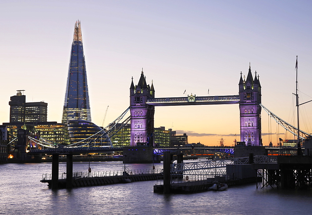 Tower Bridge and The Shard illuminated at night, London, England, United Kingdom, Europe