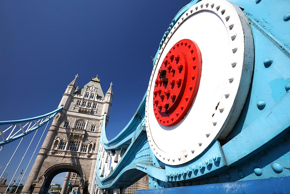 Wide angle view of Tower Bridge against blue sky, London, England, United Kingdom, Europe