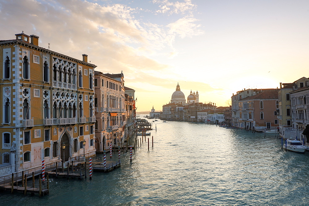 View along Grand Canal towards Santa Maria Della Salute from Accademia Bridge at sunrise, Venice, UNESCO World Heritage Site, Veneto, Italy, Europe