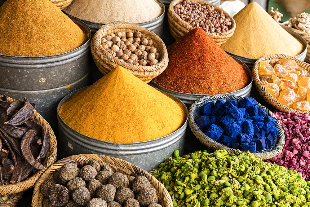 Display of spices and pot pourri in spice market (Rahba Kedima Square) in the souks of Marrakech, Morocco, North Africa, Africa