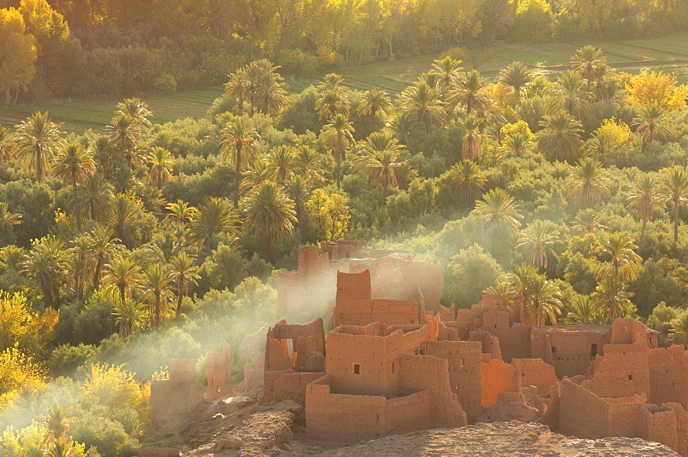 Ruined kasbah in the palmerie near Tinerhir, with smoke from fire swirling through the palm trees, Morocco, North Africa, Africa