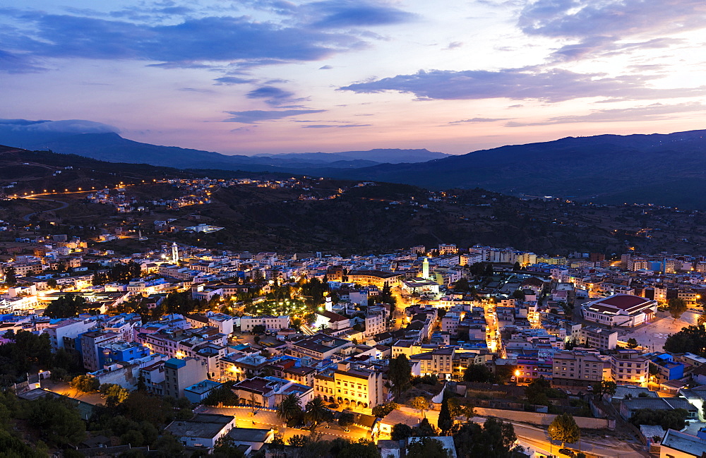 Twilight view over Chefchaouen (Chaouen) (The Blue City), Morocco, North Africa, Africa