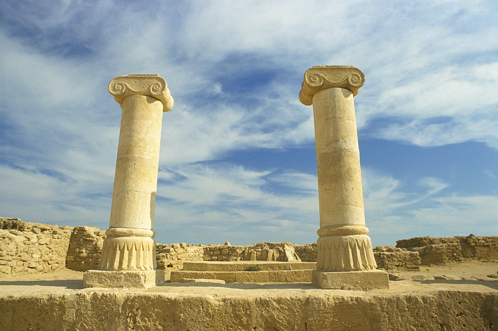 Columns with Ionic capitals at the ruins of a Greek or Alexandrian settlement, Failaka Island, Kuwait, Middle East