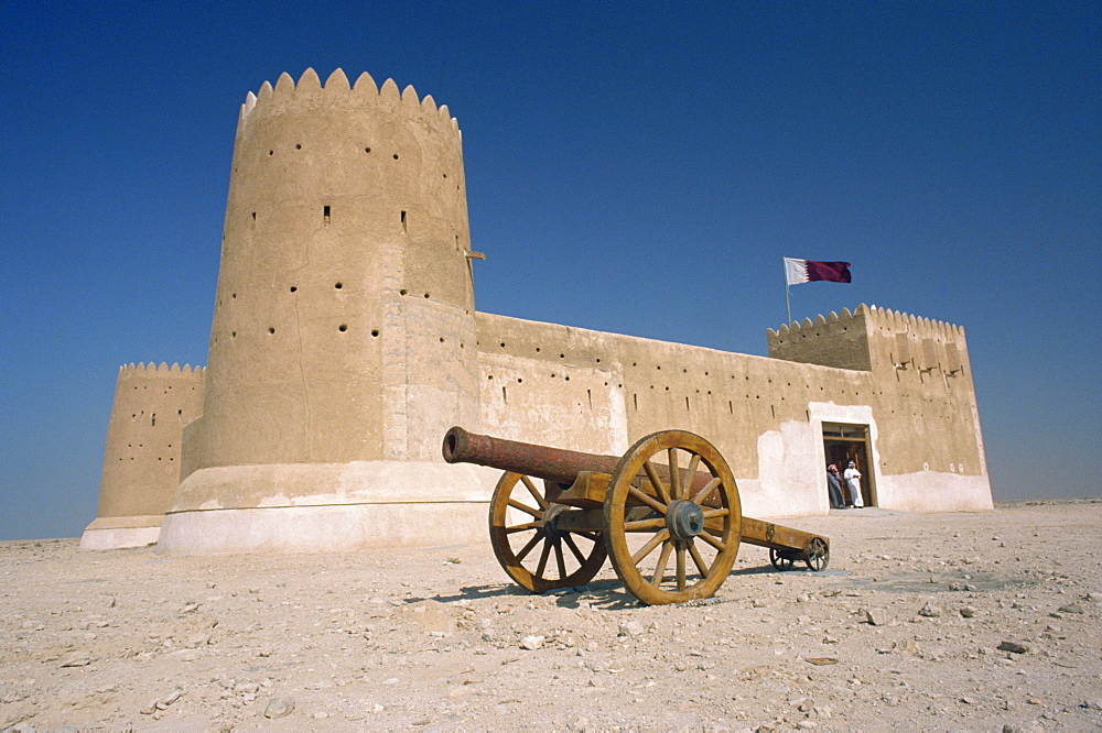 The Al Zu Barah Fort, restored and now open as a museum, with a cannon in the foreground, Qatar, Middle East