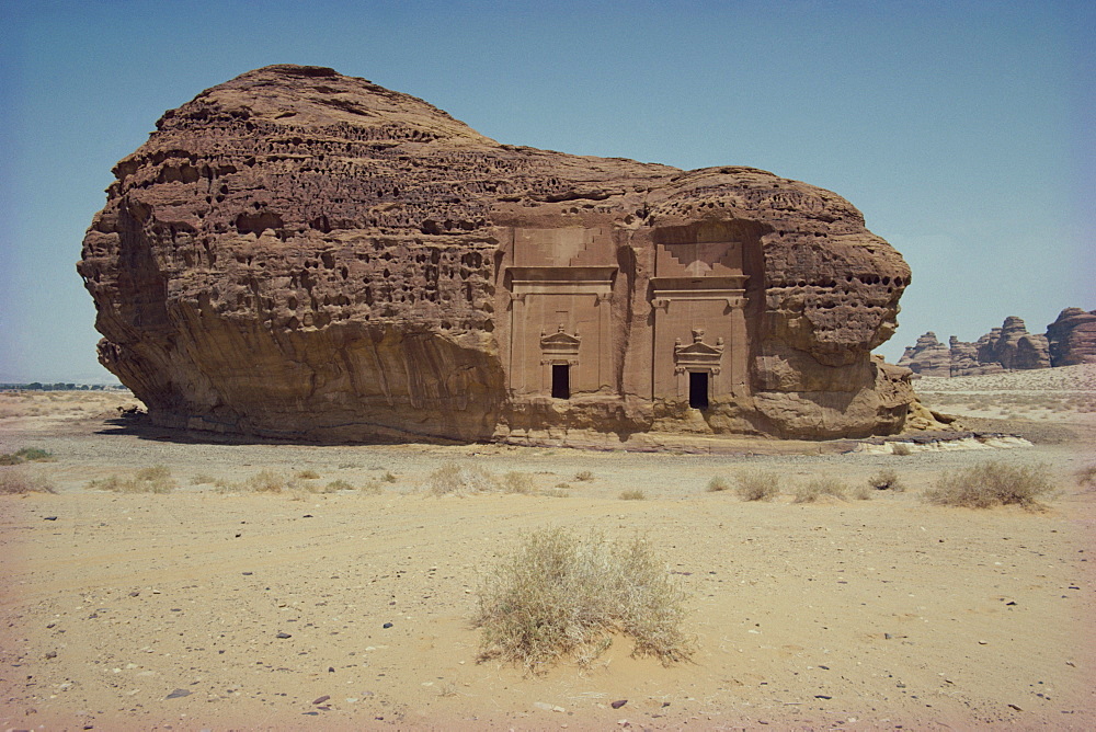 Rock tombs in sandstone inselberg, Mada'in Salih, Saudi Arabia, Middle East