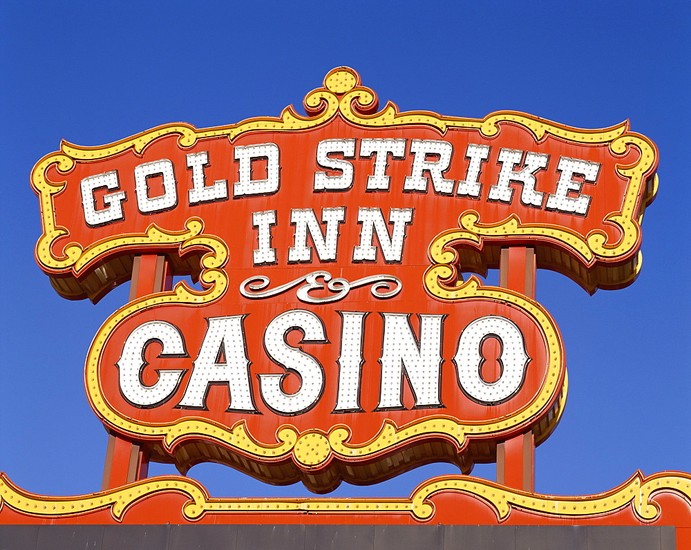 Close-up of sign for Gold Strike Inn and Casino in Las Vegas, Nevada, United States of America, North America