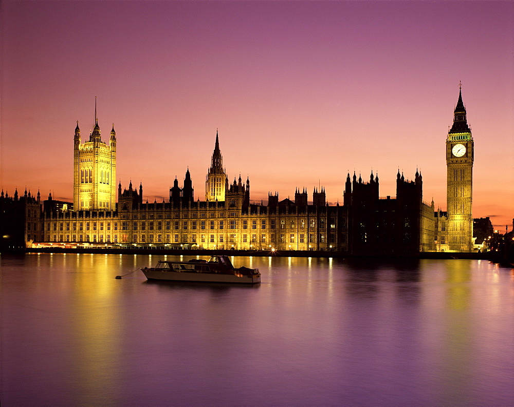 Big Ben and Houses of Parliament, UNESCO World Heritage Site, illuminated at sunset, London, England, United Kingdom, Europe