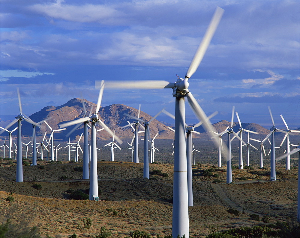 Wind turbines producing electricity on a wind farm in California, United States of America, North America