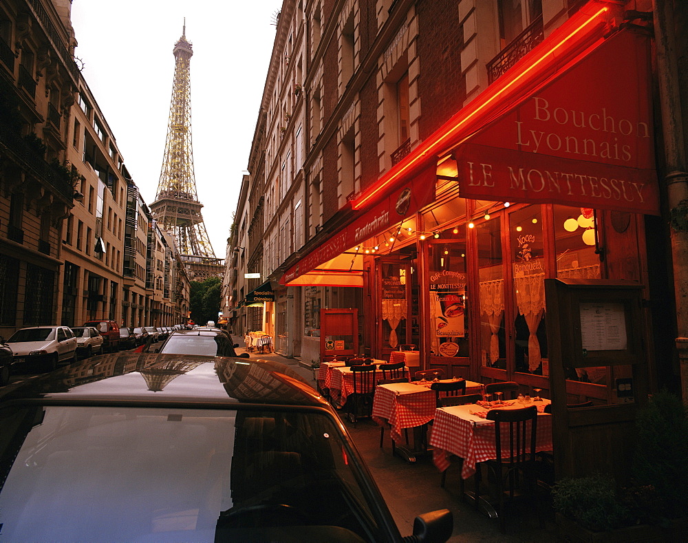 Pavement cafe and Eiffel Tower, Paris, France, Europe