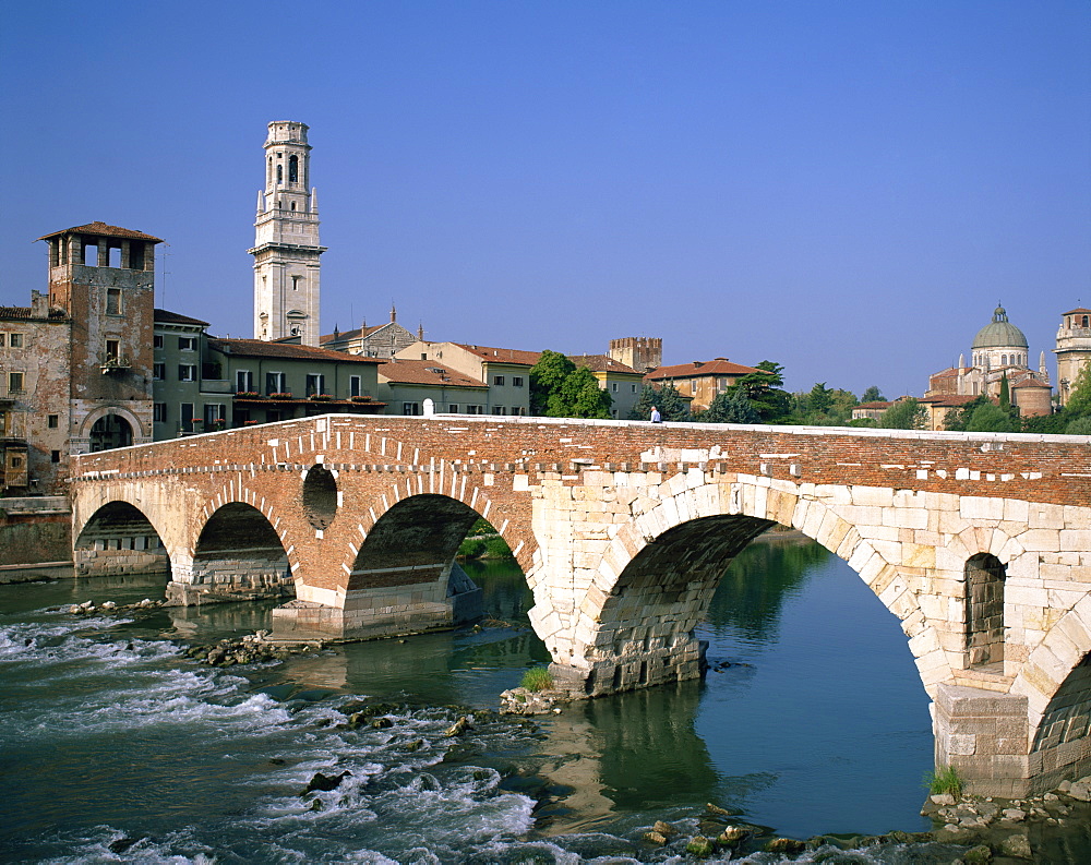 The Pietra Bridge over the River Adige in the town of Verona, Veneto, Italy, Europe