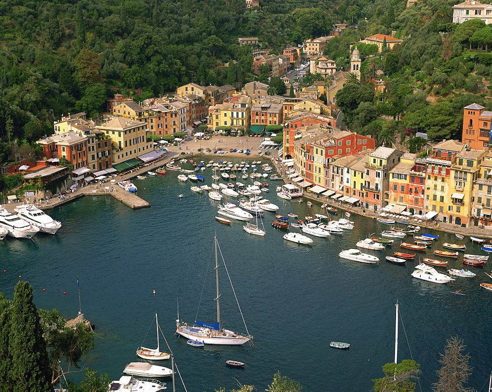 Moored boats in the harbour of Portofino, Liguria, Italy, Europe