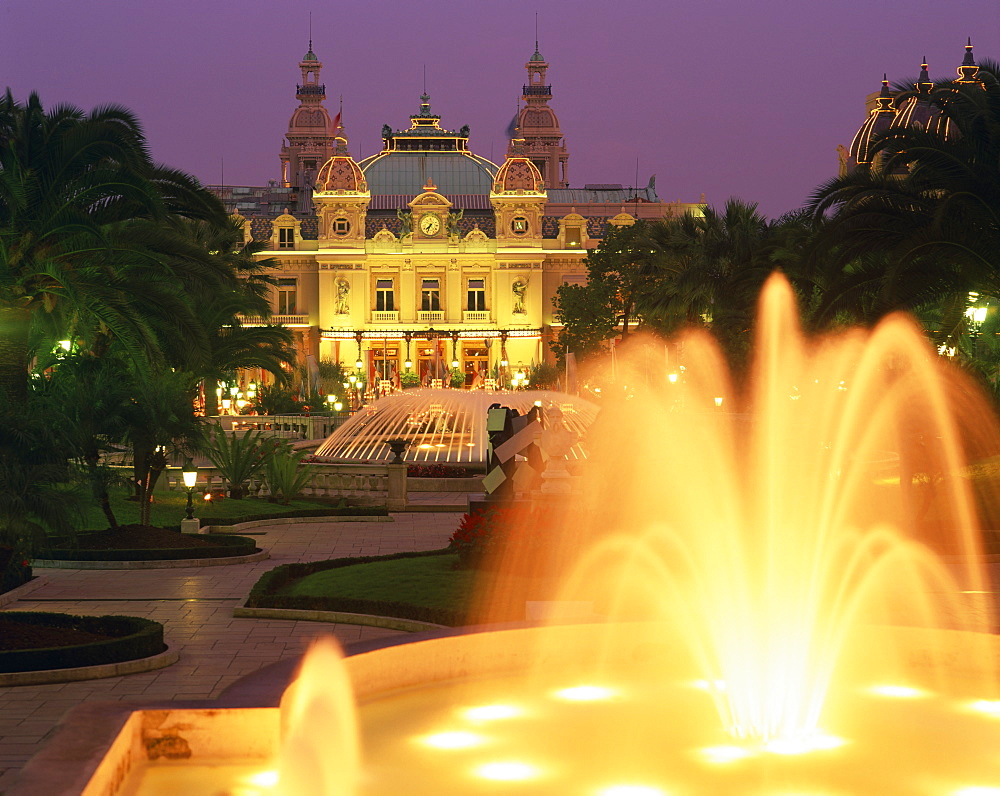 Illuminated fountains in front of the casino at Monte Carlo, Monaco, Europe