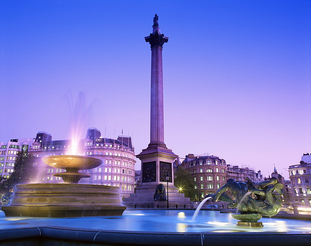 Fountains and Nelson's Column, Trafalgar Square, London, England, United Kingdom, Europe