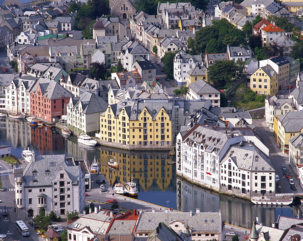 Aerial view over river running through central Alesund, Norway, Scandinavia, Europe