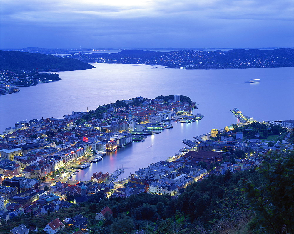 Aerial view the harbour and city of Bergen at dusk, Norway, Scandinavia, Europe