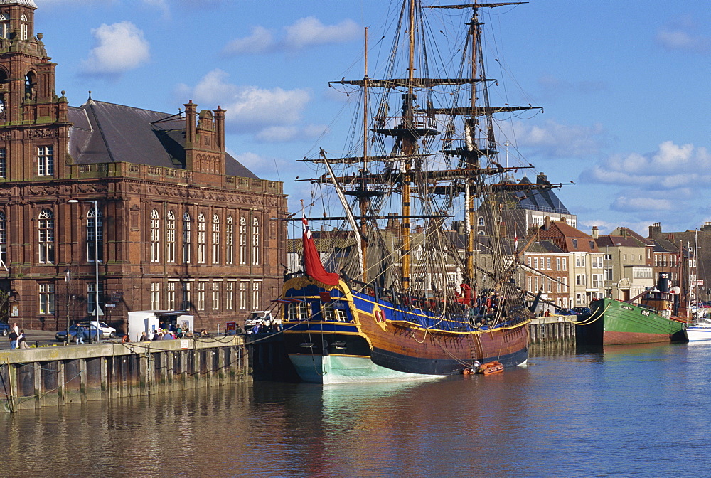 Captain Cook's ship moored on the quay in the harbour at Great Yarmouth, Norfolk, England, United Kingdom, Europe