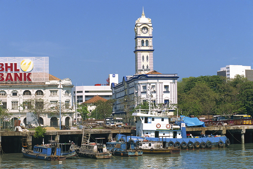 The waterfront and Penang Port Commission building of the town of Georgetown, Penang, Malaysia, Southeast Asia, Asia