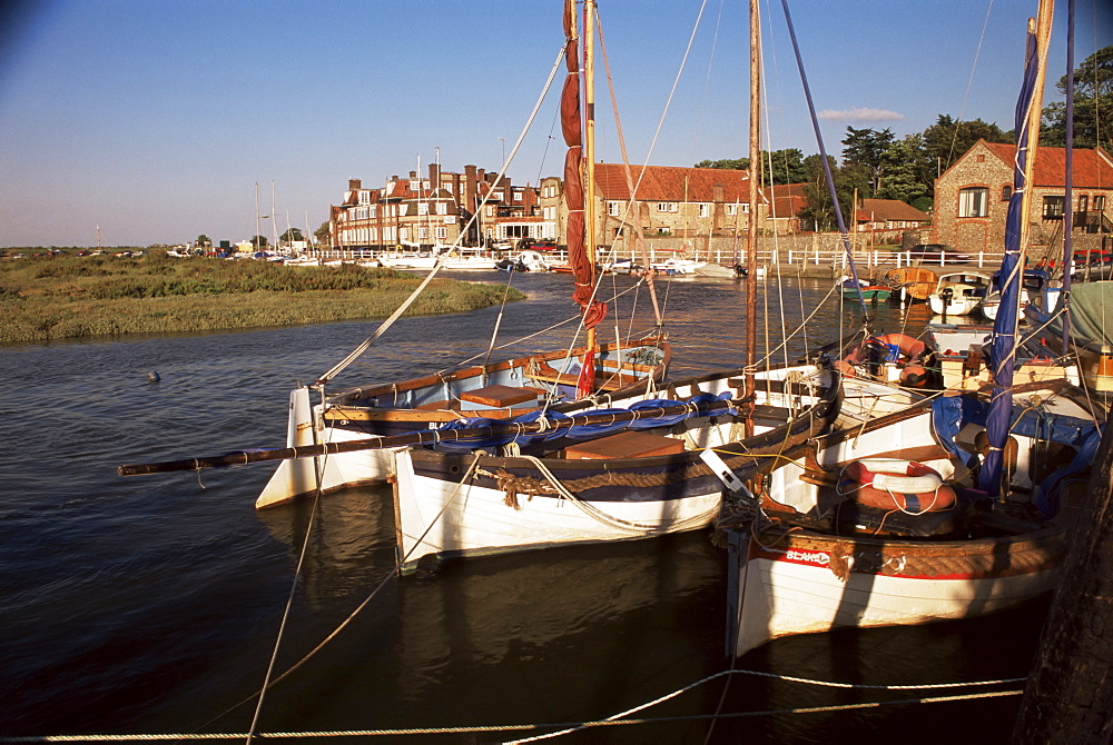 Boats moored in harbour, Blakeney Hotel, Blakeney, Norfolk, England, United Kingdom, Europe