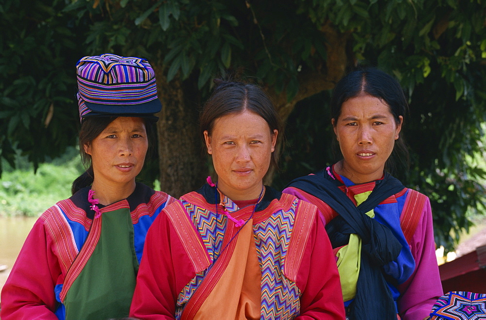 Portrait of three women of the Lisu hill tribe at the Chiang Dao Elephant Training Centre in Chiang Mai, Thailand, Southeast Asia, Asia