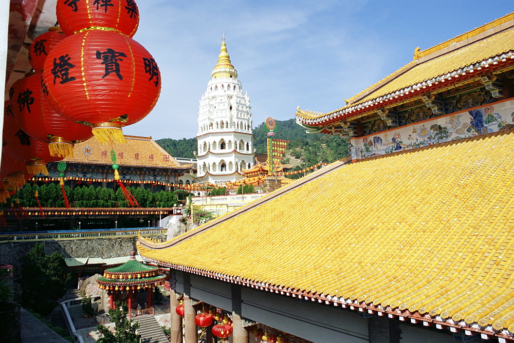 Red lantern at white Chinese style pagoda at the Kek Lok Si temple, Penang Island, Malaysia, Asia