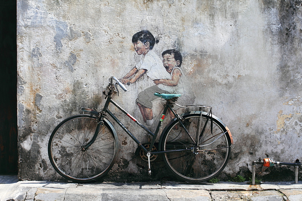 Art work of bike on wall, Georgetown, Penang, Malaysia, Southeast Asia, Asia