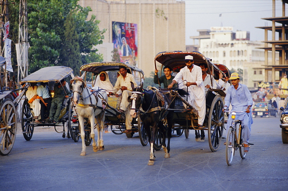 Street scene with horse drawn carriages, Rawalpindi, Punjab, Pakistan, Asia