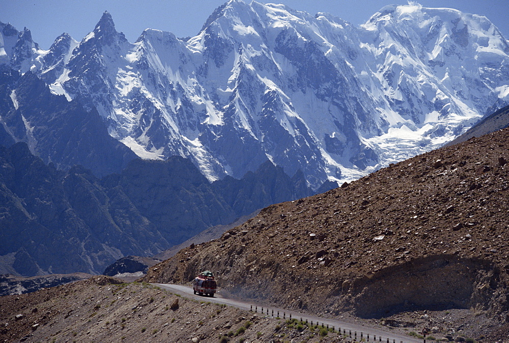 Bus on the Karakoram Highway through the Karakoram Range, Pakistan, Asia