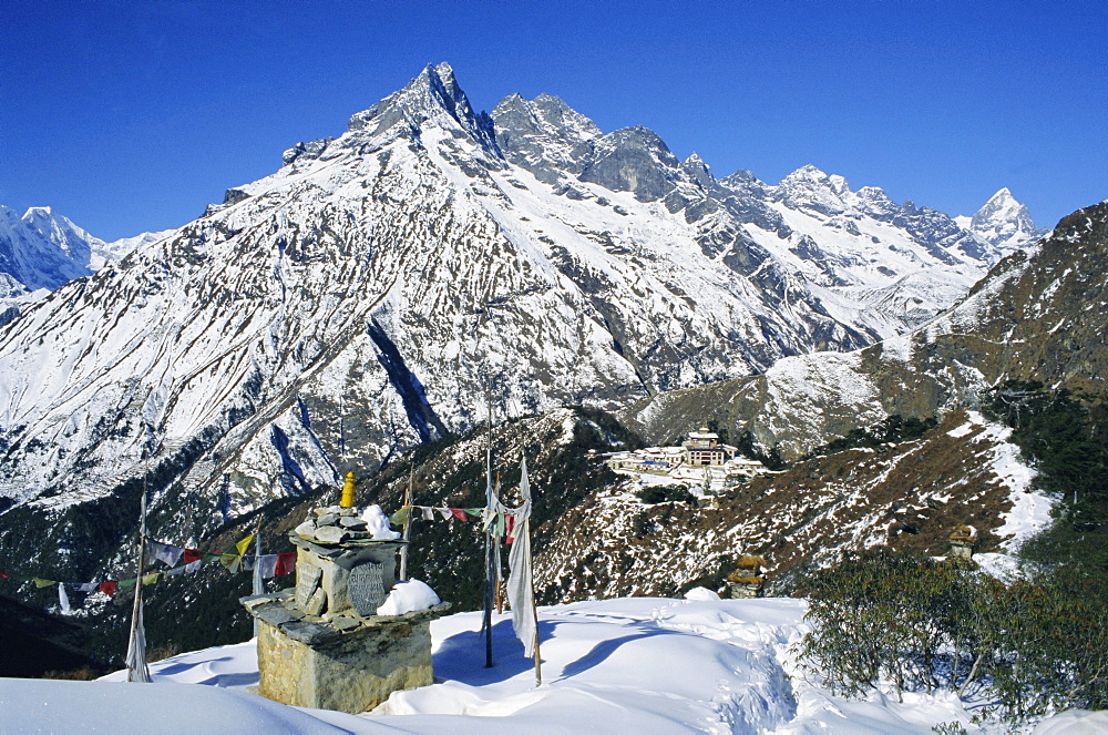 Stupa and Tengboche village, Everest region, Himalayas, Nepal, Asia