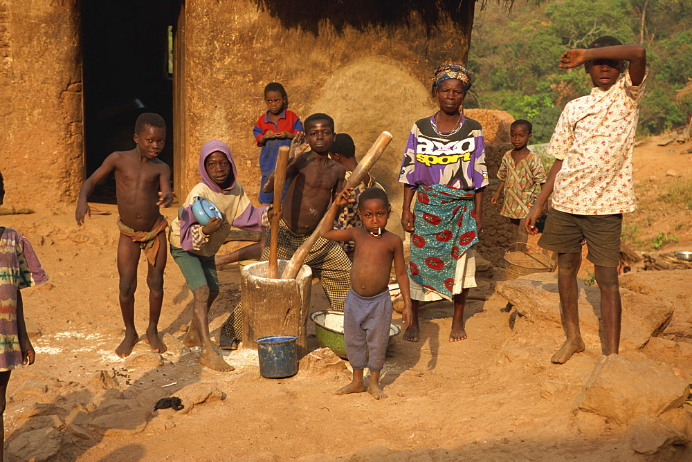 Kids pounding grain, Shiare village, eastern area, Ghana, West Africa, Africa