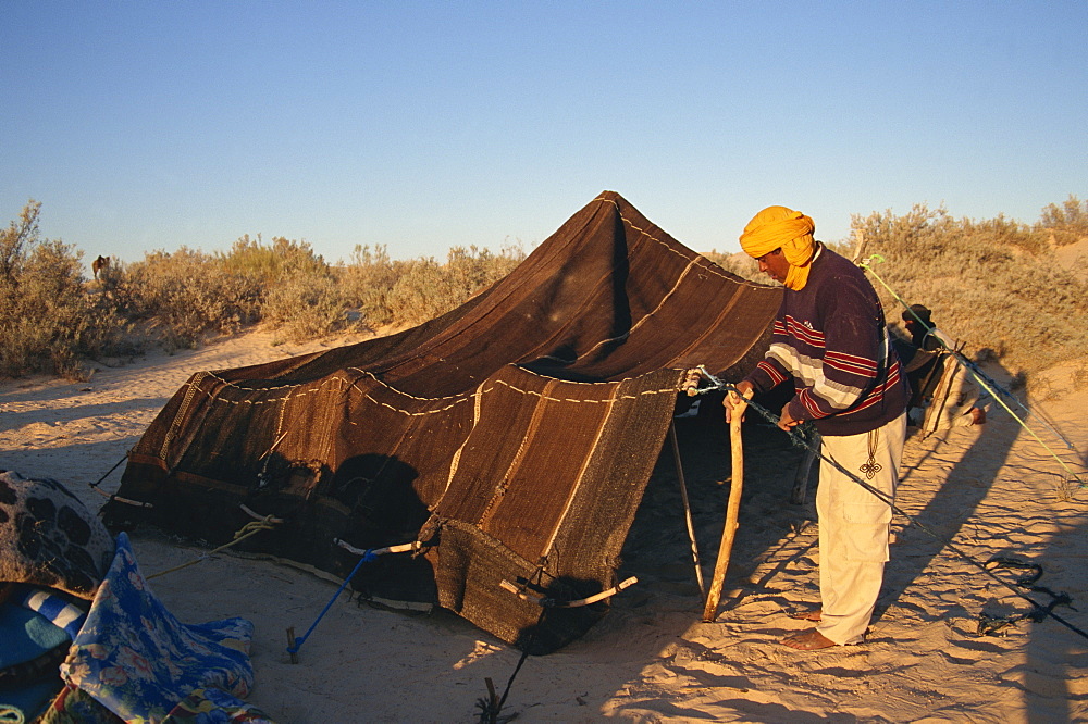 Berber guides erecting traditional tent, Sahara desert, Tunisia, North Africa, Africa