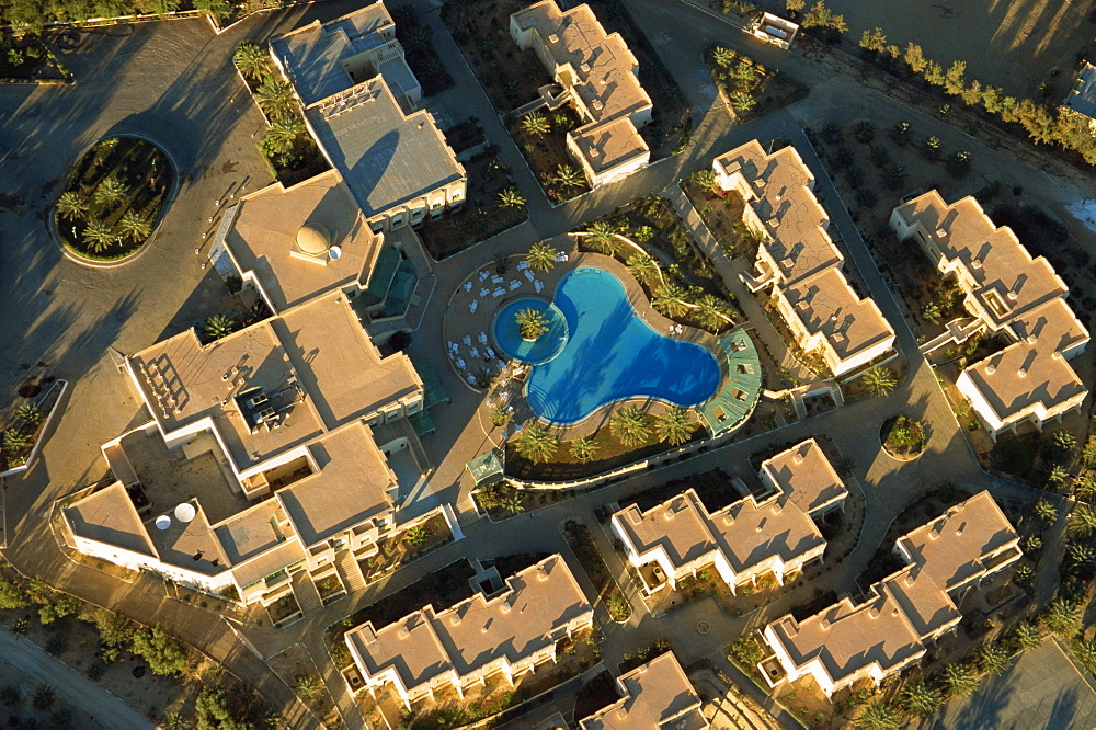 Aerial view from balloon of hotel and swimming pool, Tozeur, Tunisia, North Africa, Africa