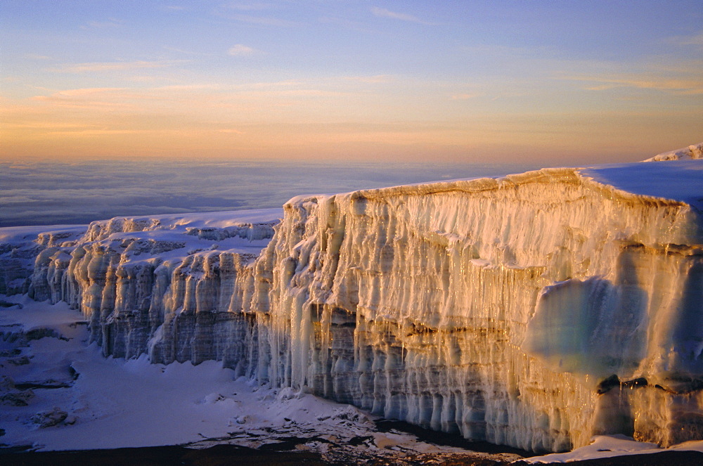 Glacier at sunrise on summit of Mount Kibo,  5895m, Killimanjaro National Park, Tanzania, Africa