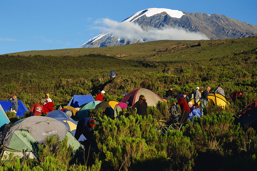 Rau camp and Kibo in background, Kilimanjaro National Park, Tanzania, East Africa, Africa