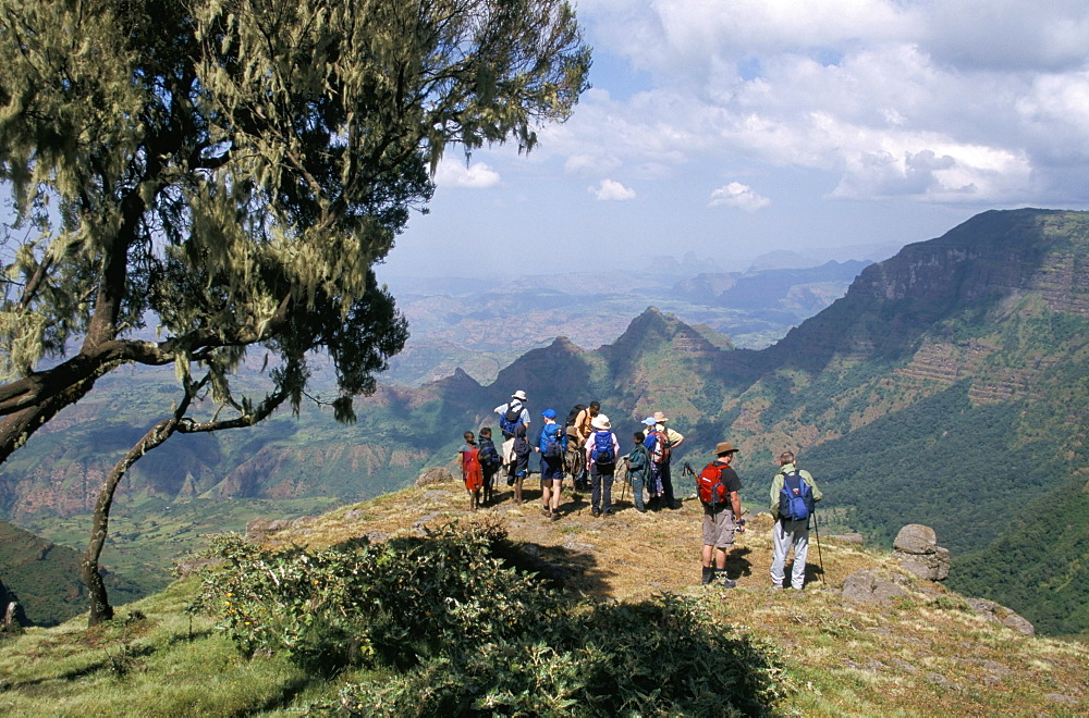 Tourists trekking, Simien Mountains National Park, UNESCO World Heritage Site, Ethiopia, Africa