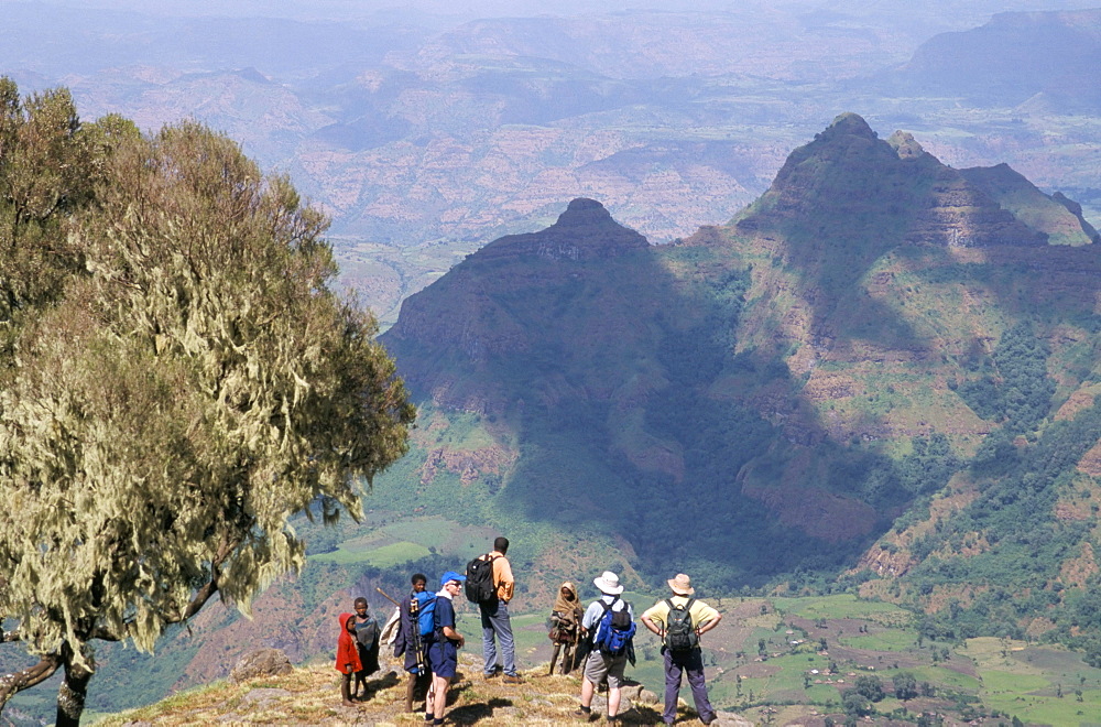 Tourists trekking, Simien Mountains National Park, UNESCO World Heritage Site, Ethiopia, Africa