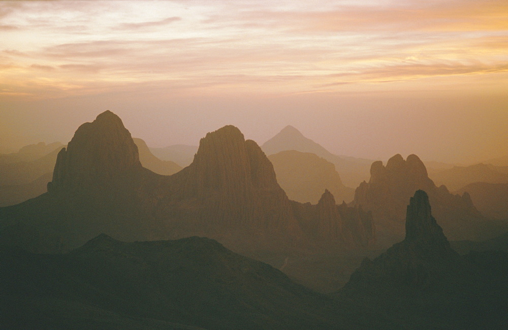 Sahara Desert, Hoggar Mountains, sunrise over Assekrem, Algeria, North Africa