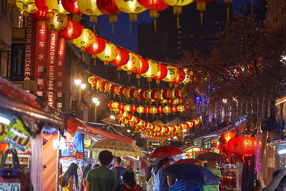 Lanterns illuminate New Bridge Road, Chinatown, Singapore, Southeast Asia, Asia