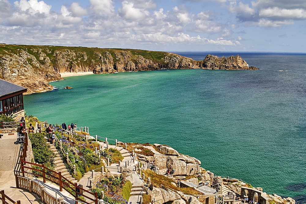 View over the Minack Theatre to Porthcurno beach near Penzance, West Cornwall, England, United Kingdom, Europe