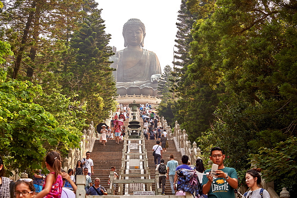 Visitors make the climb to see Big Buddha, Po Lin Monastery, Ngong Ping, Lantau Island, Hong Kong, China, Asia