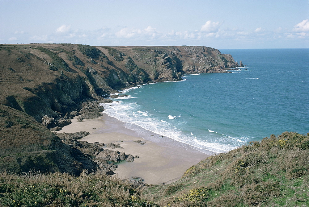 Plemont Bay from clifftop, Greve Aulancon, Jersey, Channel Islands, United Kingdom, Europe