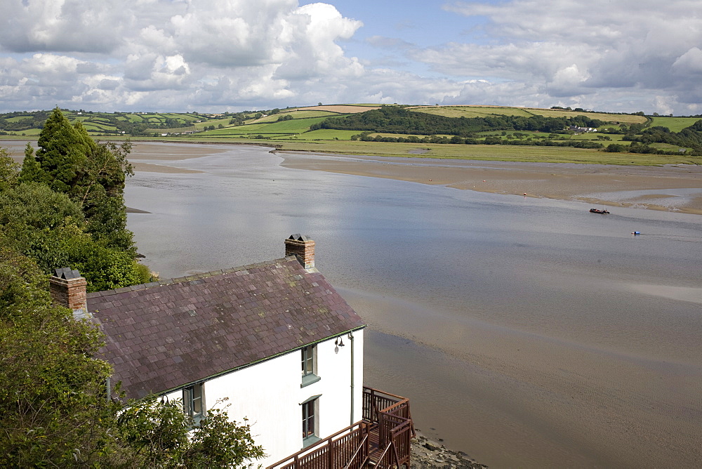 Taf estuary with Dylan Thomas boathouse, Laugharne, Carmarthenshire, South Wales, United Kingdom, Europe