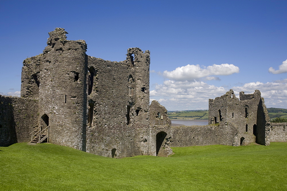 Towers and wall inside Llansteffan castle, Llansteffan, Carmarthenshire, Wales, United Kingdom, Europe