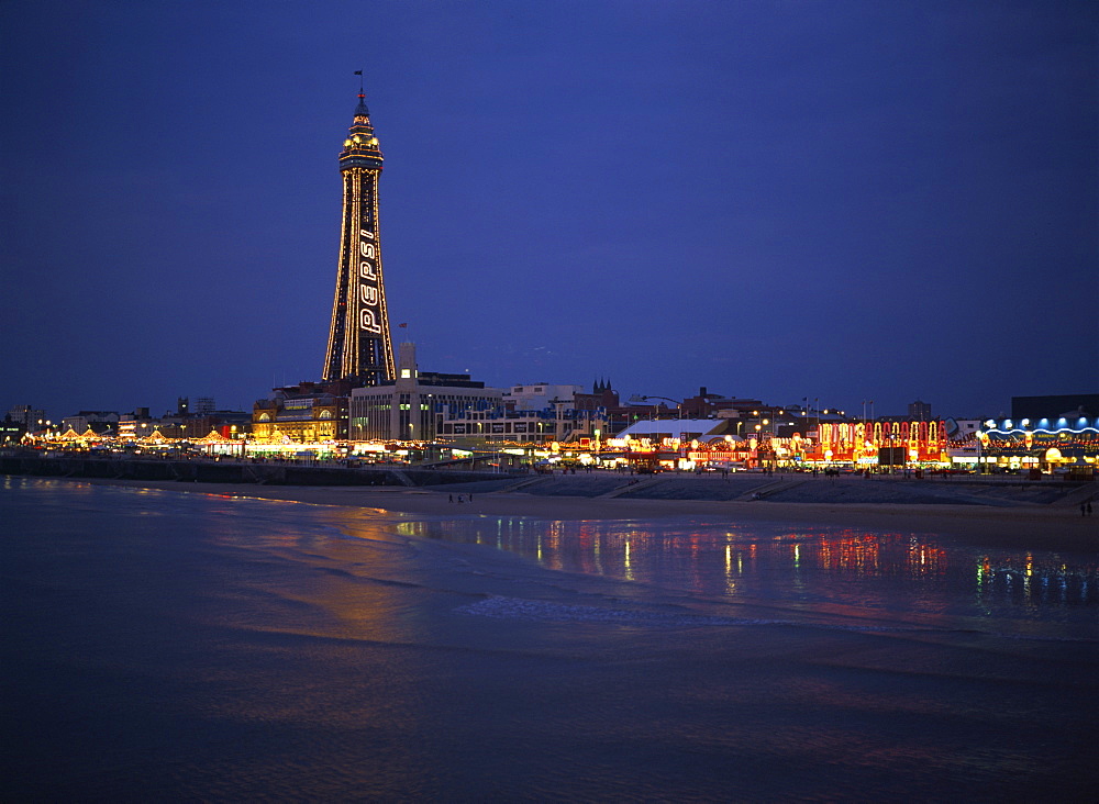 The Blackpool Tower illuminated at dusk, Blackpool, Lancashire, England, United Kingdom, Europe