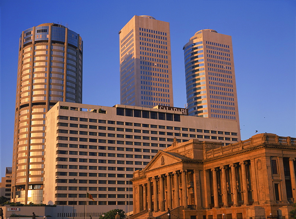 The Secretariat building, the former colonial parliament, with modern buildings in the background in the city of Colombo, Sri Lanka, Asia