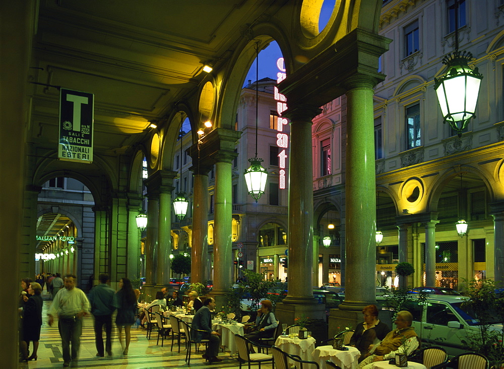 Cafes in the arcade on the Via Roma at night, in Turin, Piemonte, Italy, Europe