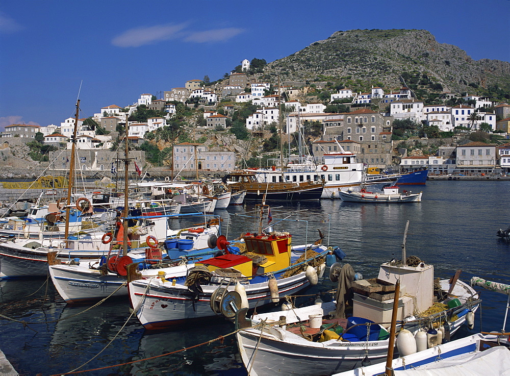 Hydra port and town, Hydra, Greek Islands, Greece, Europe