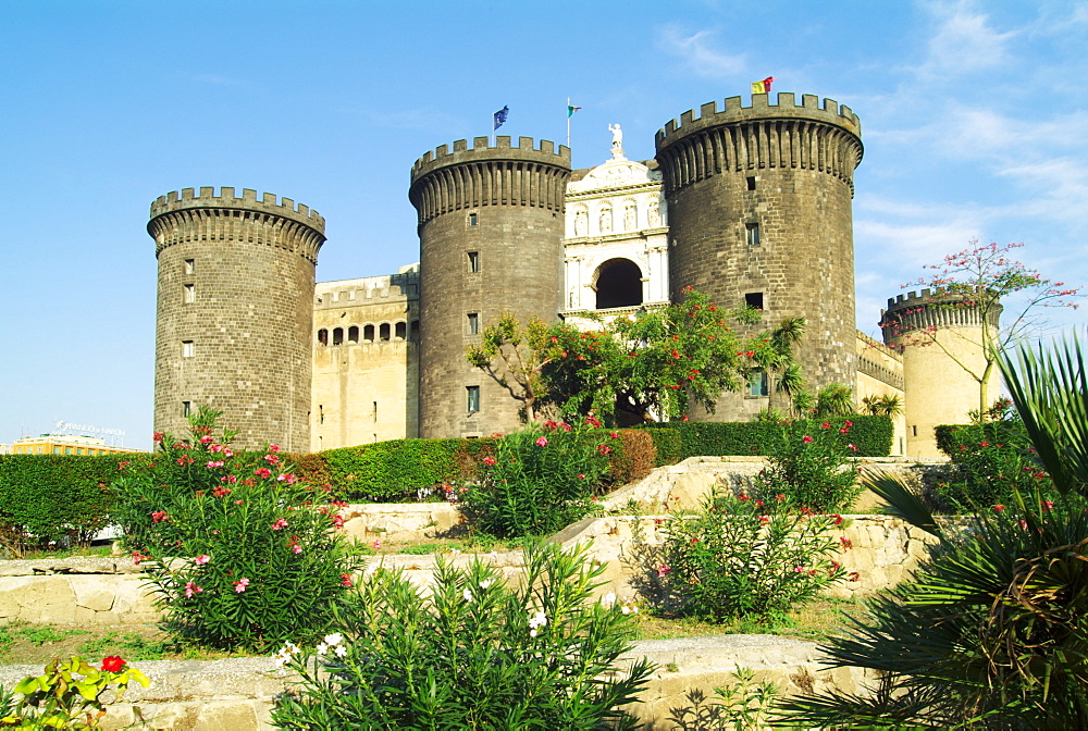 Italy, campania Naples Castel Nuovo with plants in foreground