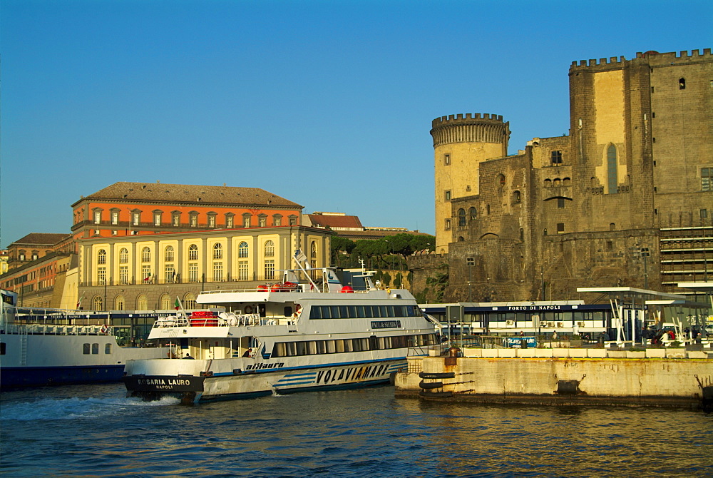 Italy, Campania, Naples, Castell Nuovo and Palazzo Reale from ferry port